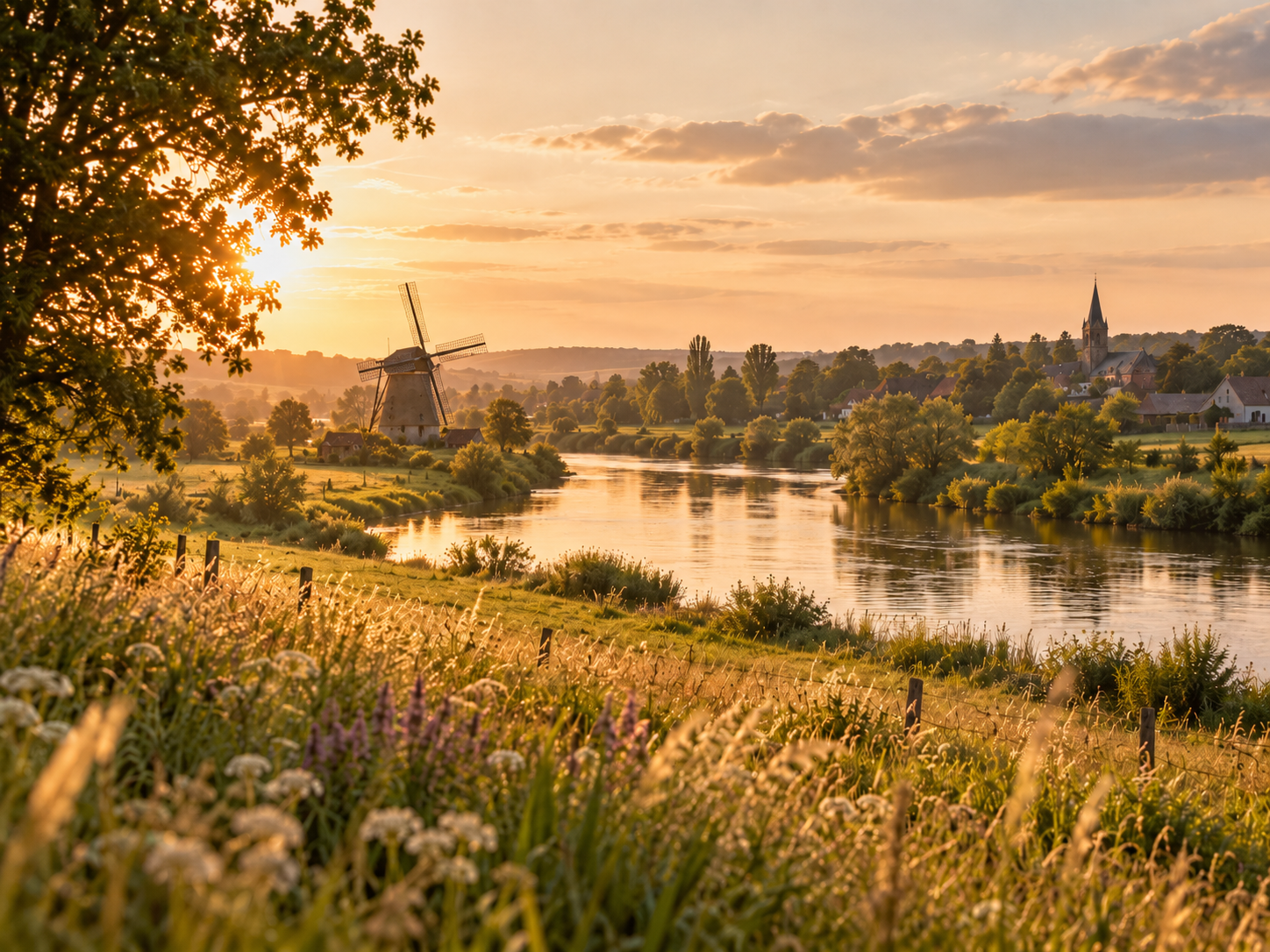 Limburgs landschap aan de Maas bij Swalmen bij zonsondergang