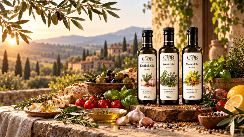 Drie flessen CDB Culinair Atelier olie in een Toscaans landschap