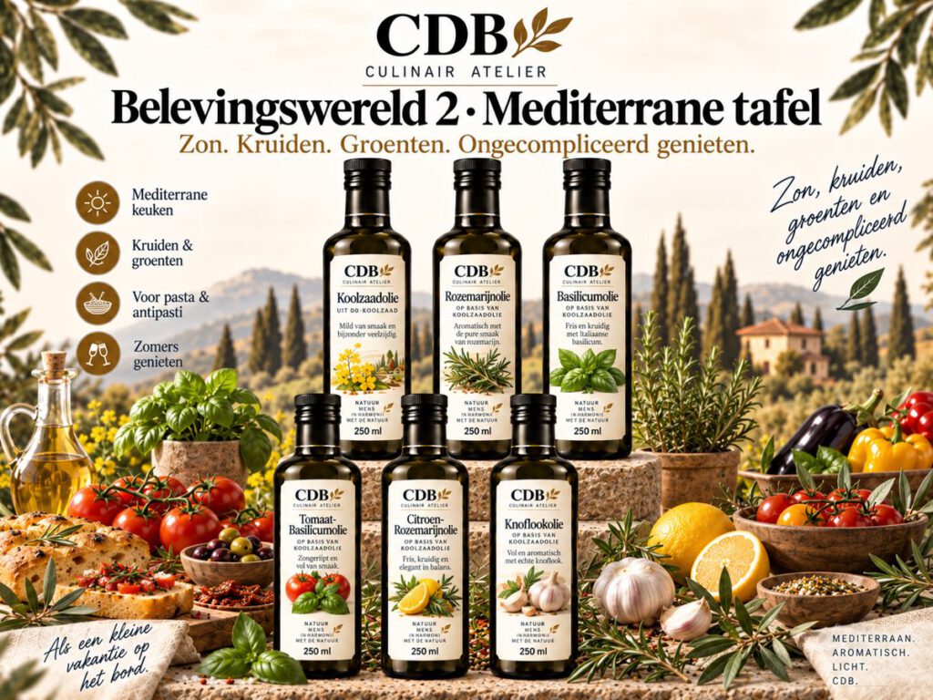 CDB Culinair Atelier – Belevingswereld 2: Mediterrane tafel. Flessen koolzaadolie, rozemarijnolie, basilicumolie, tomaat-basilicumolie, citroen-rozemarijnolie, knoflookolie.