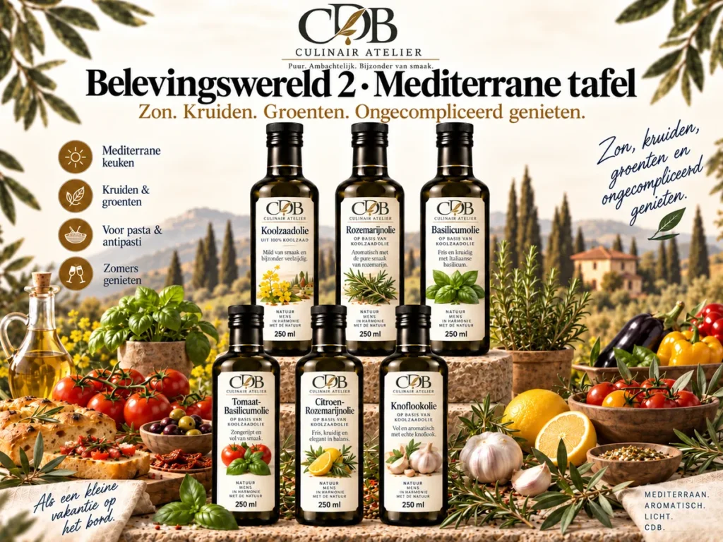CDB Culinair Atelier – Belevingswereld 2: Mediterrane tafel. Flessen koolzaadolie, rozemarijnolie, basilicumolie, tomaat-basilicumolie, citroen-rozemarijnolie, knoflookolie.