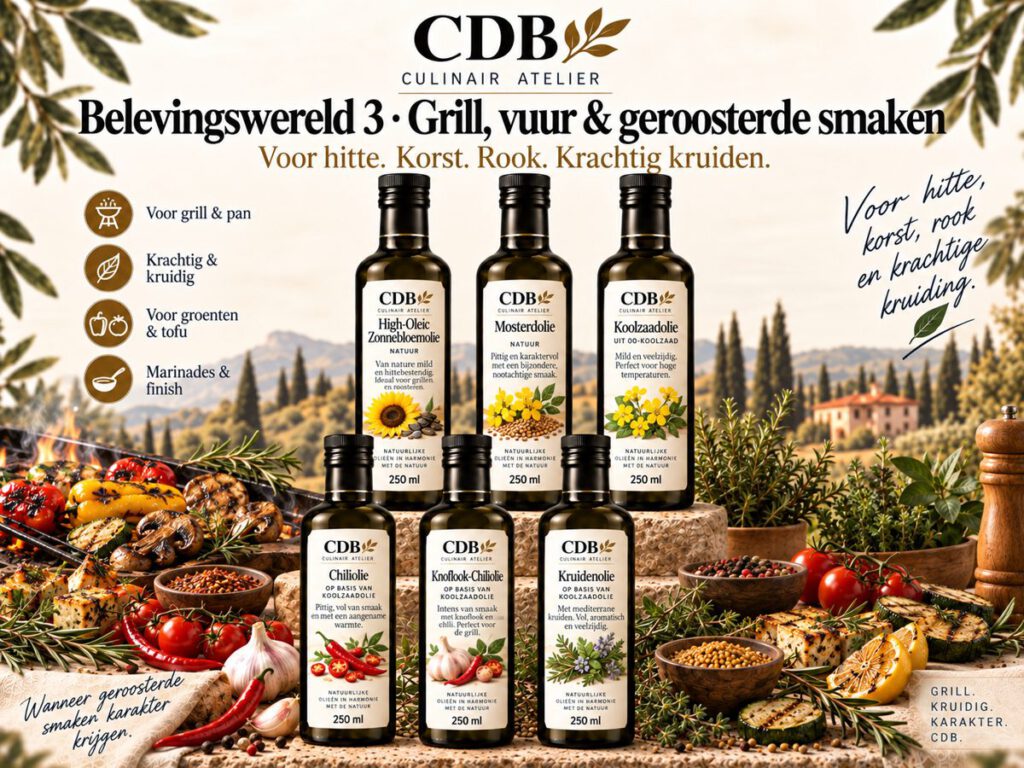 CDB Culinair Atelier – Belevingswereld 3: Grill, vuur & geroosterde smaken. Flessen high-oleic zonnebloemolie, mosterdolie, koolzaadolie, chiliolie, knoflook-chiliolie, kruidenolie.