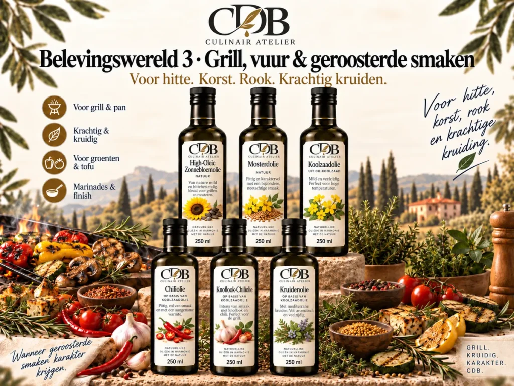 CDB Culinair Atelier – Belevingswereld 3: Grill, vuur & geroosterde smaken. Flessen high-oleic zonnebloemolie, mosterdolie, koolzaadolie, chiliolie, knoflook-chiliolie, kruidenolie.