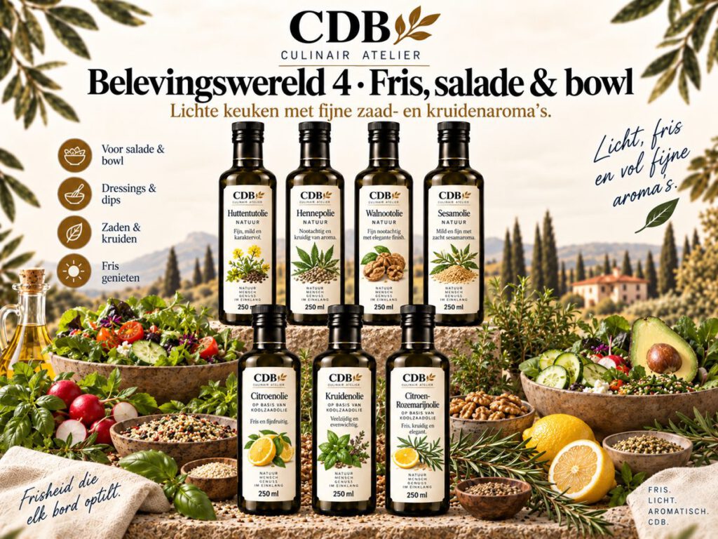 CDB Culinair Atelier – Belevingswereld 4: Fris, salade & bowl. Flessen huttentutolie, hennepolie, walnotenolie, sesamolie, citroenolie, kruidenolie, citroen-rozemarijnolie.