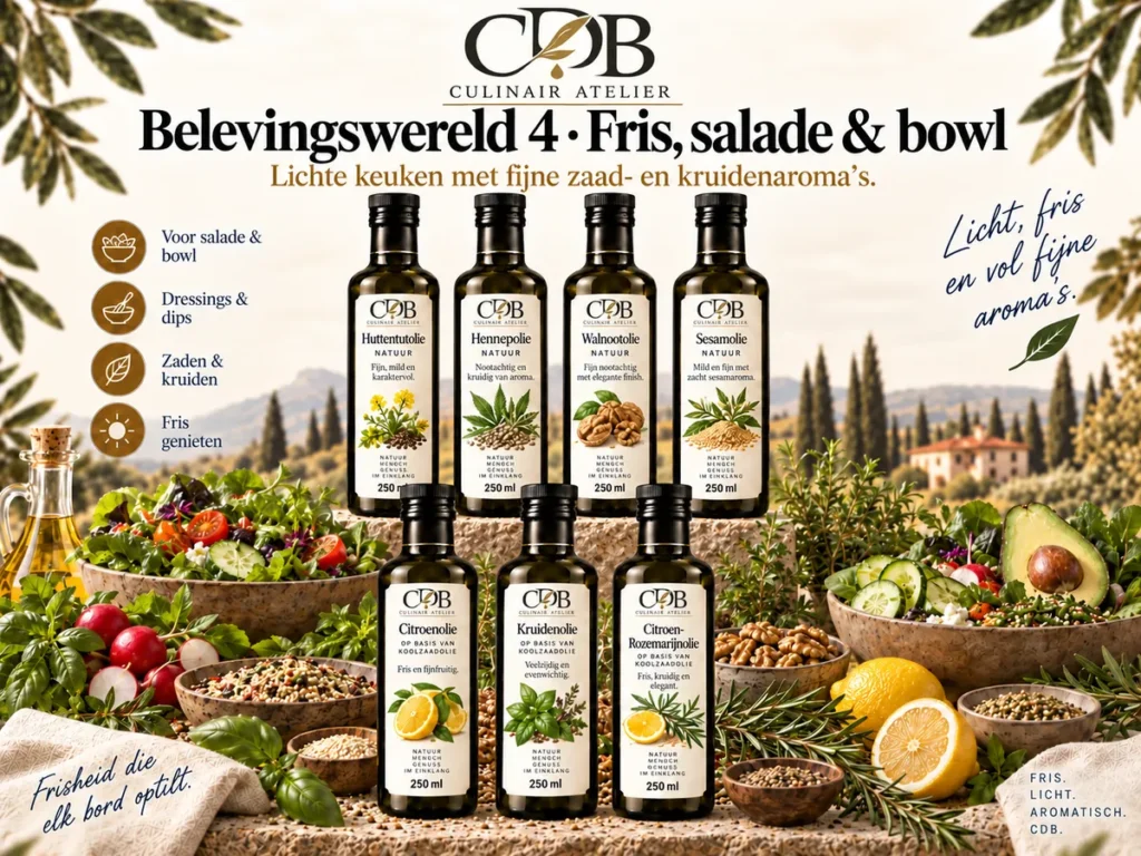 CDB Culinair Atelier – Belevingswereld 4: Fris, salade & bowl. Flessen huttentutolie, hennepolie, walnotenolie, sesamolie, citroenolie, kruidenolie, citroen-rozemarijnolie.