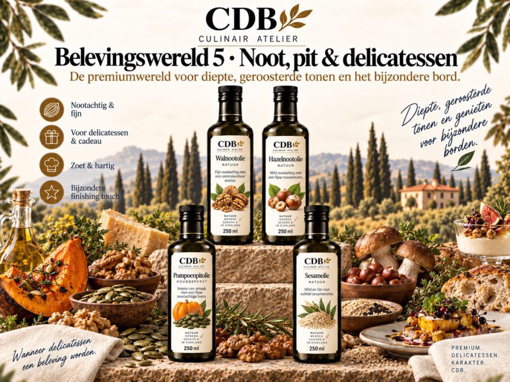 CDB Culinair Atelier – Belevingswereld 5: Noot, pit & delicatessen. Flessen walnotenolie, hazelnotenolie, pompoenpitolie, sesamolie.