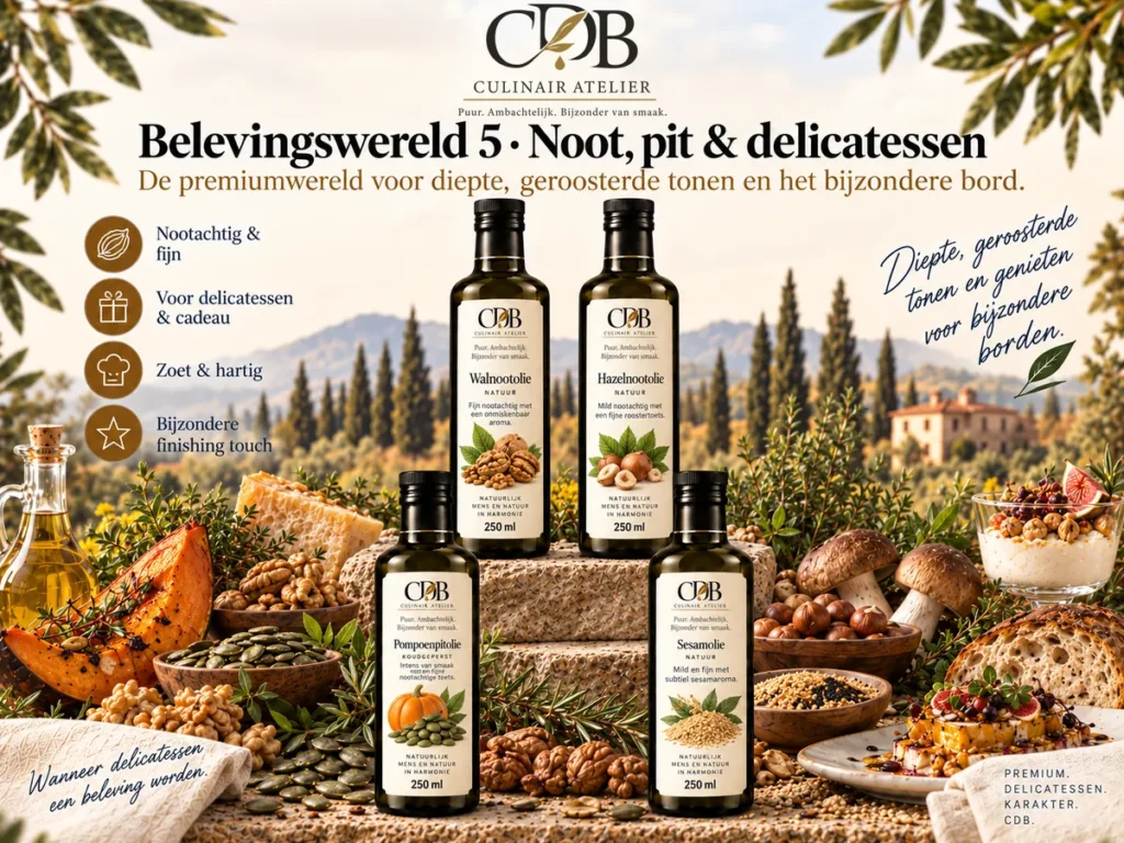 CDB Culinair Atelier – Belevingswereld 5: Noot, pit & delicatessen. Flessen walnotenolie, hazelnotenolie, pompoenpitolie, sesamolie.