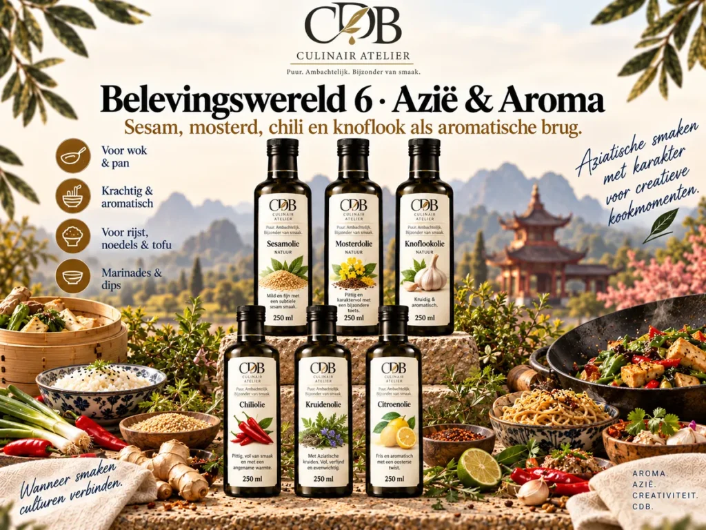 CDB Culinair Atelier – Belevingswereld 6: Azië & aroma. Flessen sesamolie, mosterdolie, knoflookolie, chiliolie, knoflook-chiliolie, citroenolie.