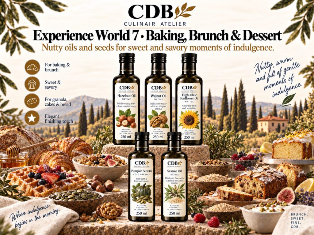CDB Culinair Atelier – Belevingswereld 7: Bakken, brunch & dessert. Flessen hazelnotenolie, walnotenolie, high-oleic zonnebloemolie, pompoenpitolie, sesamolie.