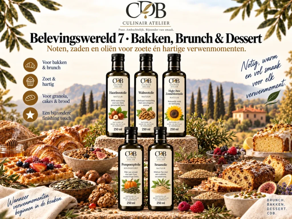 CDB Culinair Atelier – Belevingswereld 7: Bakken, brunch & dessert. Flessen hazelnotenolie, walnotenolie, high-oleic zonnebloemolie, pompoenpitolie, sesamolie.