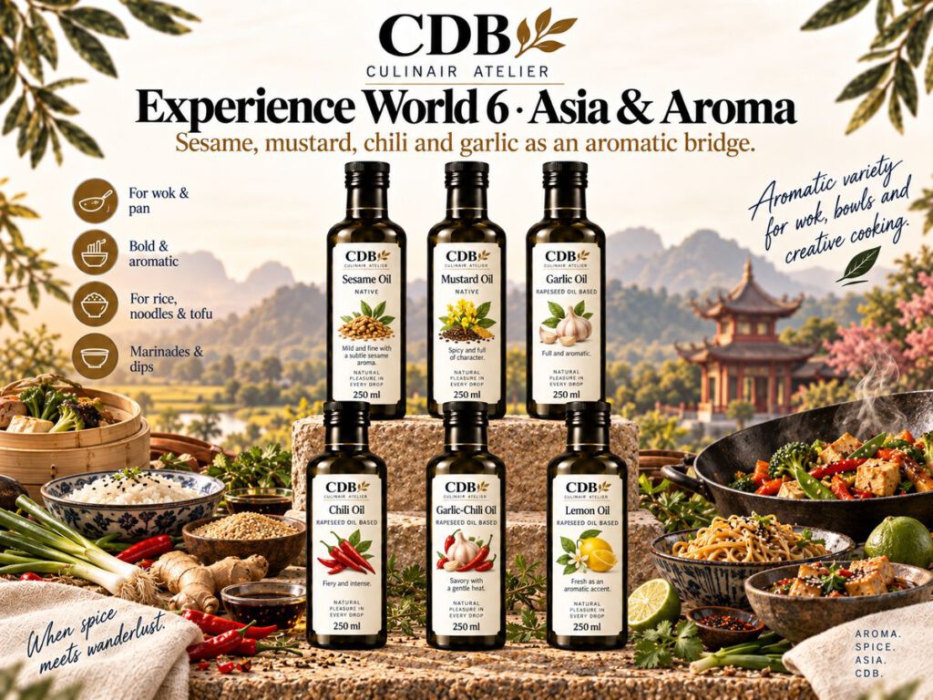 CDB Culinair Atelier – Belevingswereld 6: Azië & aroma. Flessen sesamolie, mosterdolie, knoflookolie, chiliolie, knoflook-chiliolie, citroenolie.