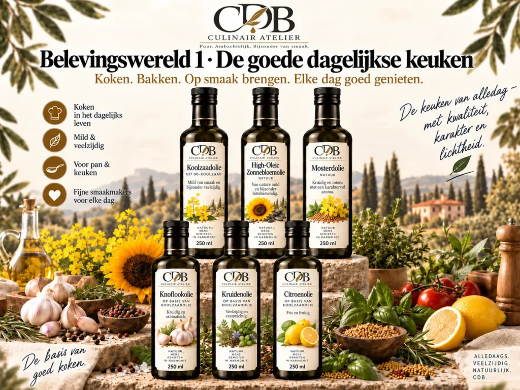 CDB Culinair Atelier – Belevingswereld 1: De goede dagelijkse keuken. Flessen koolzaadolie, high-oleic zonnebloemolie, mosterdolie, knoflookolie, kruidenolie, citroenolie.