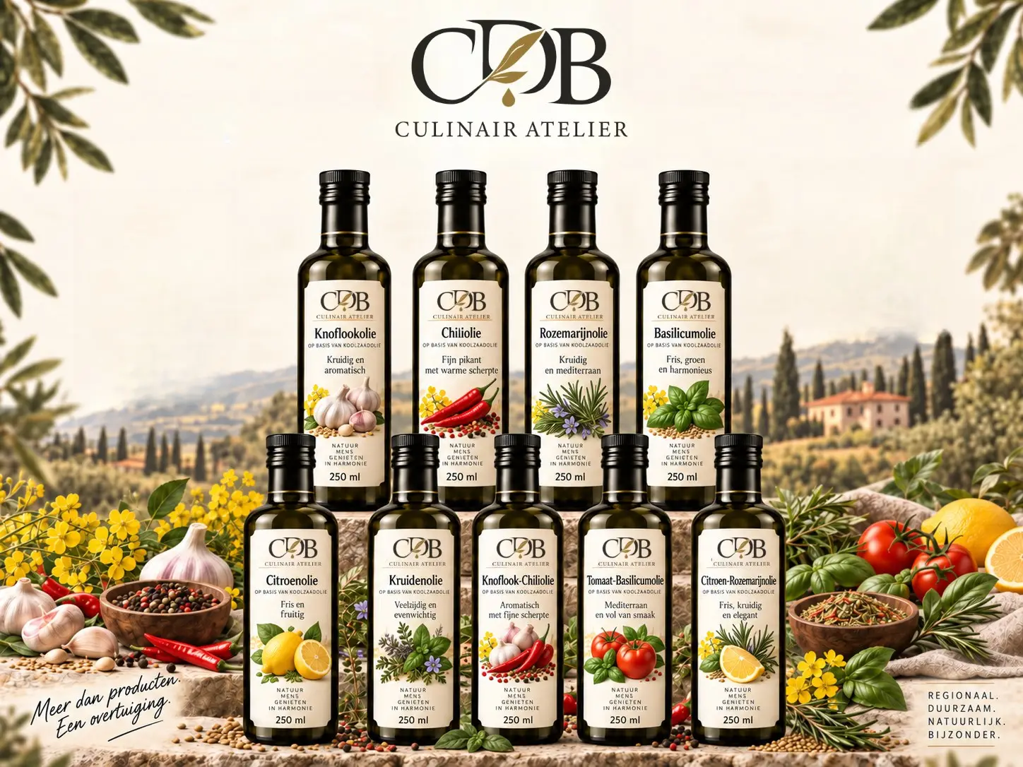 Negen flessen CDB Culinair Atelier kruidenolie op basis van koolzaadolie, omringd door knoflook, chili, kruiden, citroen en tomaten